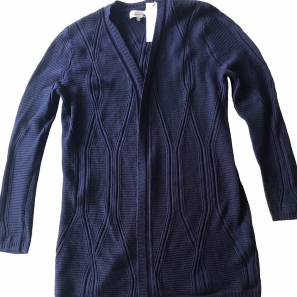 Calvin Klein Navy‎ Blue Geometric Textured Knit Open Front Longline Cardigan NEW